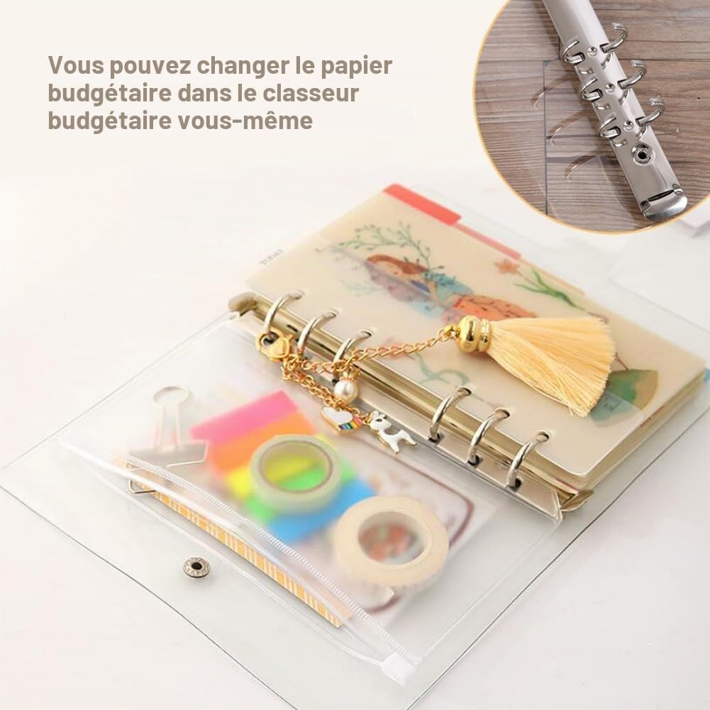 4 Pièces A5 Couverture de Classeur en PVC Souple Transparent Couverture de Protection 6 Anneaux Rechargeable A5 Feuilles Volantes pour Carnet de Notes Classeurs à Anneaux