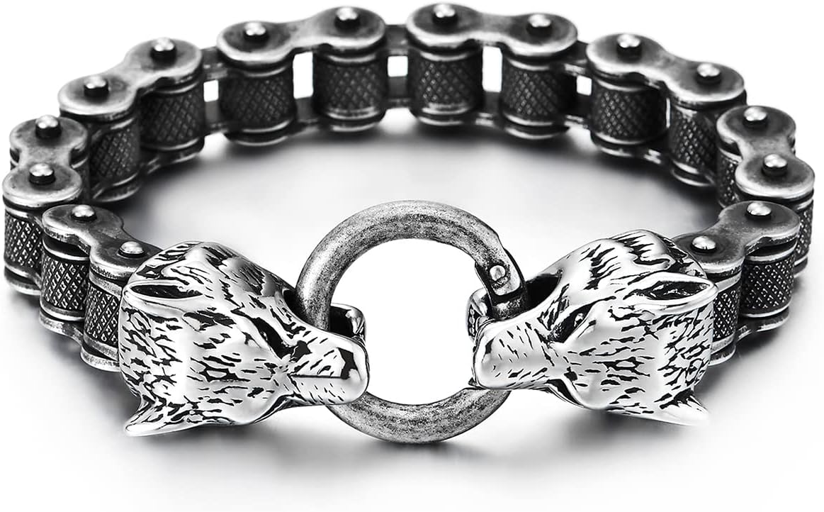 COOLSTEELANDBEYOND Retro Style Mens Steel Wolf Heads Checkered Diamond Pattern Bike Chain Bracelet, Spring Ring Clasp