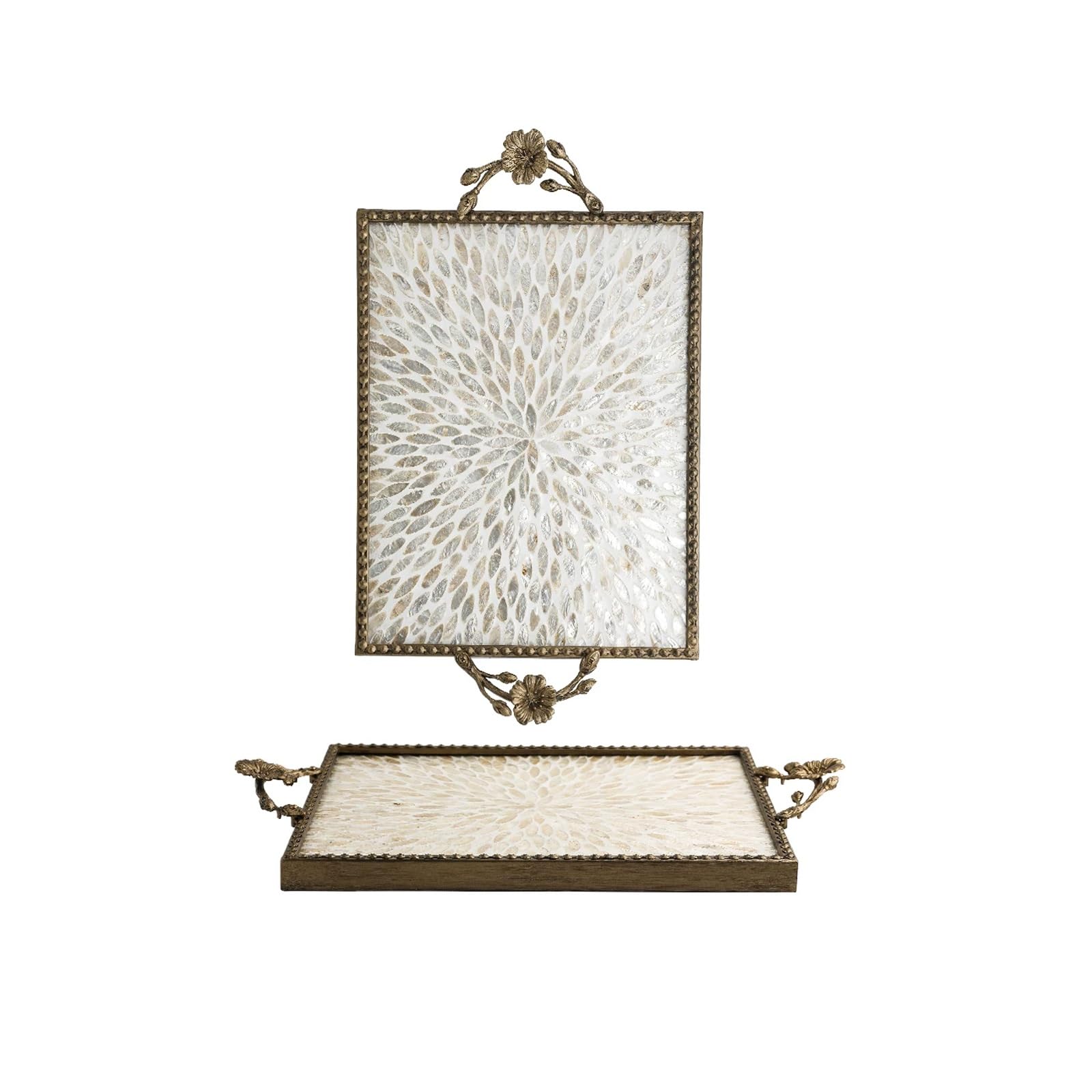 Serving Tray with Handles, Natural Shells Rectangular Serving Platter for Coffee Table, Decorative Storage Tray(A)