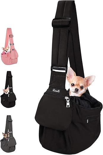 Lukovee Pet Sling Carrier, Dog Papoose Hand Free Puppy Cat Carry Bag with Bottom Supported Adjustable Padded Shoulder Strap and Bag Opening Front Zipper Pocket Safety Belt for Small Dogs (Black)