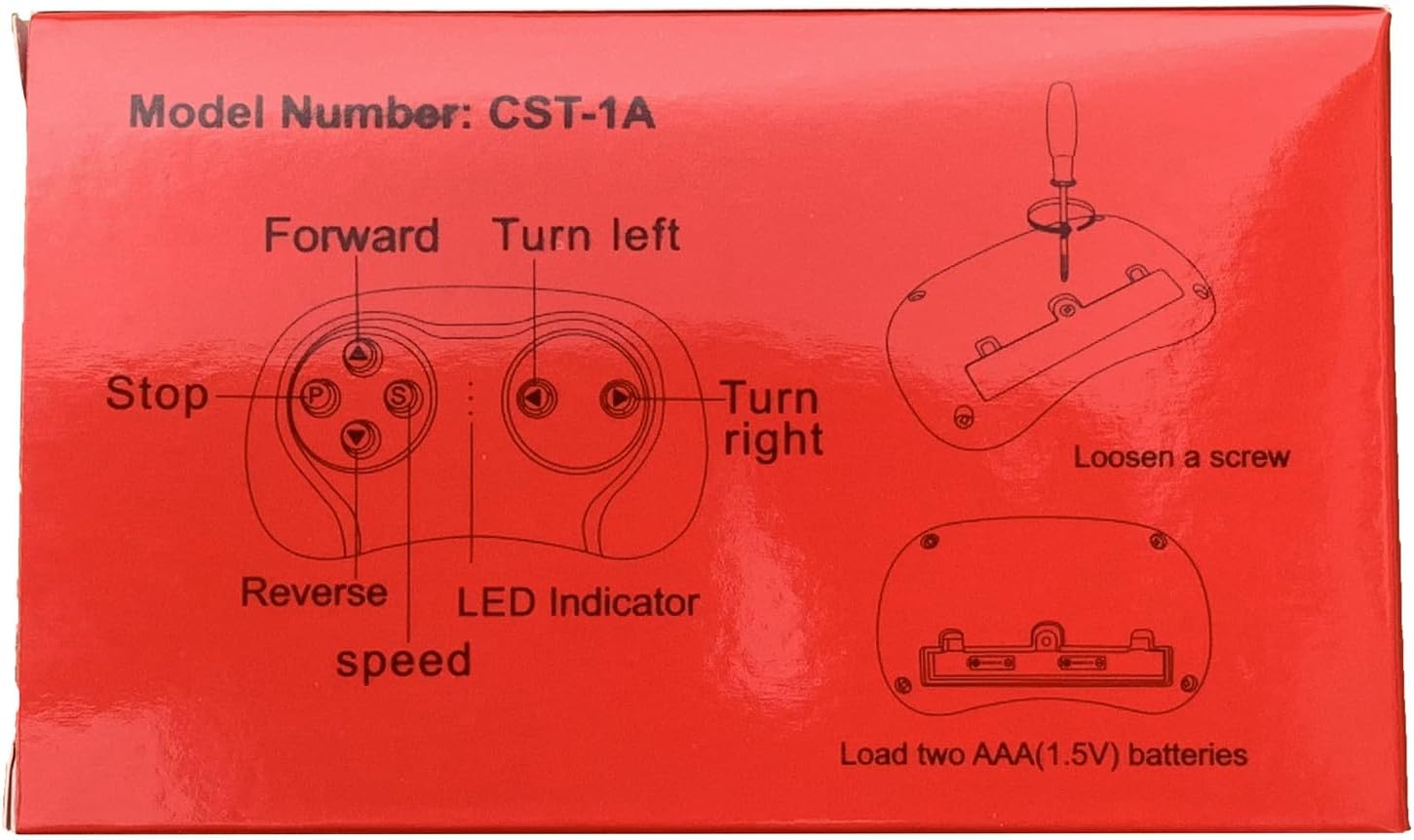 Diagram showing how to loosen the screw and load two AAA batteries into the remote control.