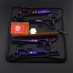 Purple Dragon Professional 7.0 inch 4PCS Pet Grooming Scissors Kit Japan Premium Steel Straight & Curved & Thinning Blade Dog Hair Cutting Shears Set with Case (Electroplating Purple)