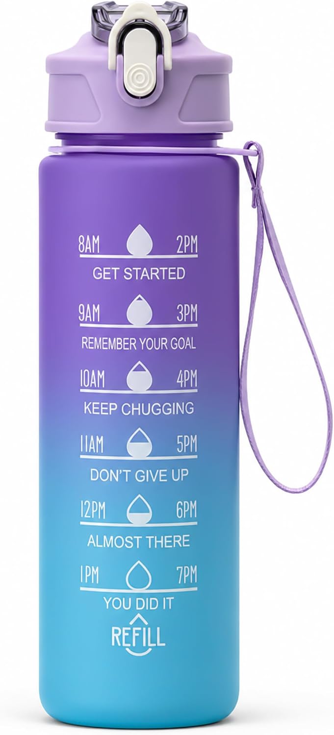 25 oz Motivational Water Bottle with Time Marker & Straw, Leakproof BPA Free Gradient Sports Bottle with Carry Strap, Flip Lid, Reusable for Gym Outdoor (Purple)