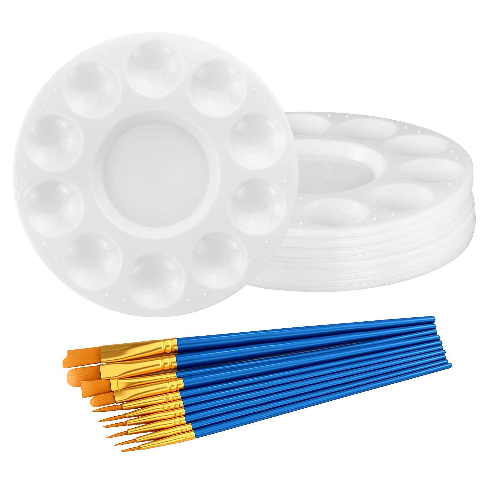 Rnbevansanne White 12 Pcs Round Paint Palette For Kids Adults Acrylic Watercolor Oil Gouache Or Diy Party, With 10 Pcs Paint Brushes,Plastic Paint Tray Palette With 10 Wells And 1 Central Reservoir