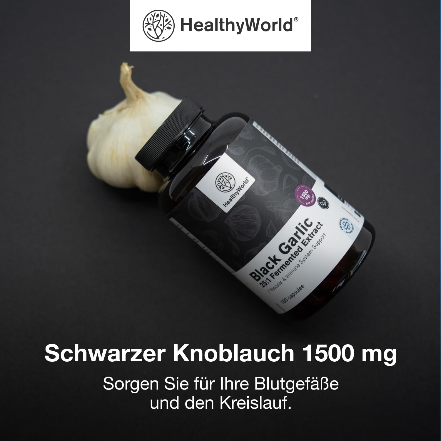 HealthyWorld Schwarzer Knoblauch 1500 mg - 180 Kapseln - Knoblauchextrakt 25:1-20% Polyphenole - Ohne Geruch und unangenehmen Geschmack- Für mehr als 3 Monate - Für das Immunsystem