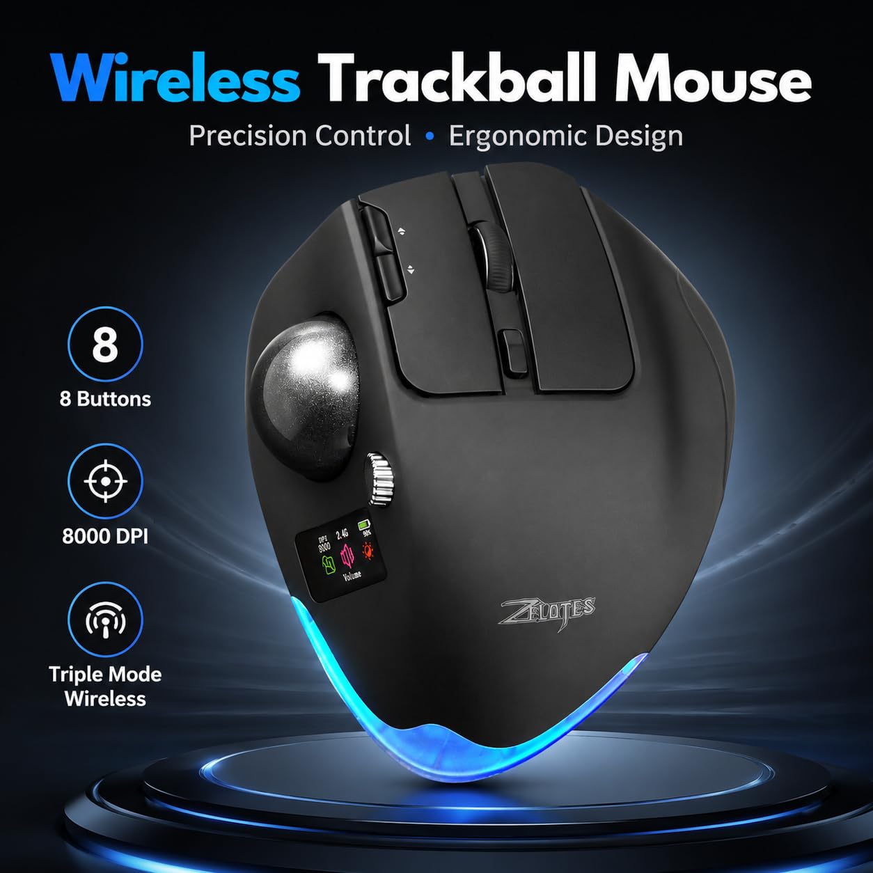 TKMARS Mouse Trackball Ergonomico Wireless con Display a Colori, 8 Tasti Programmabili, Rotella Multifunzionale, 8000 DPI, Bluetooth e 2.4G, Ricaricabile per PC, Laptop