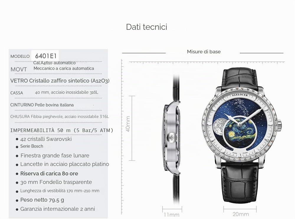 agelocer Orologio meccanico automatico da uomo con fasi lunari blu