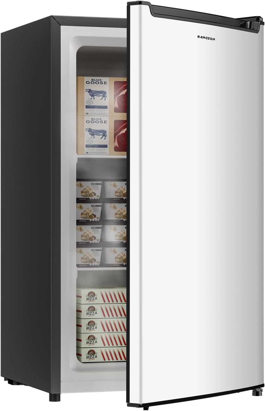 BANGSON 2.1 Cu.ft Upright Freezer, Compact Mini Freezer with Reversible Door, Adjustable Thermostat, Removable Shelves,Small Freezer for Dorm/Office/Apartment, Silver