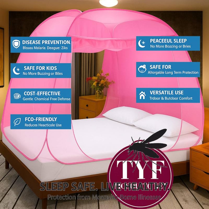 Image of TYF Mosquito Net for Bed Made with Polyester Material | Foldable Mesh Design | Lightweight and Portable Structure | Carry for Indoor Sleeping Spaces, Pink (6.15 Feet X 6.15 Feet) Double Bed