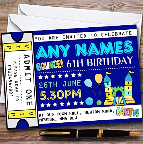 Blue Bouncy Castle Ticket Personalized Childrens Birthday Party Invitations