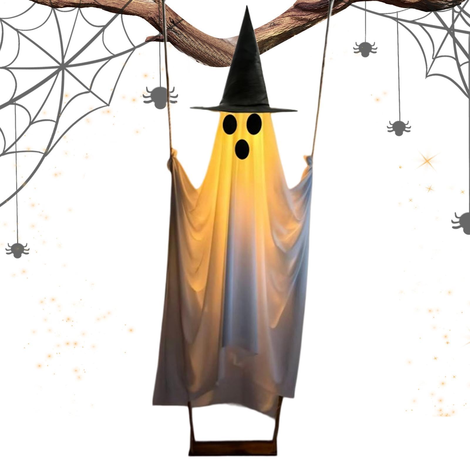 Halloween Swinging Ghost - Light Up Hanging Prop, Witch Hat Decoration