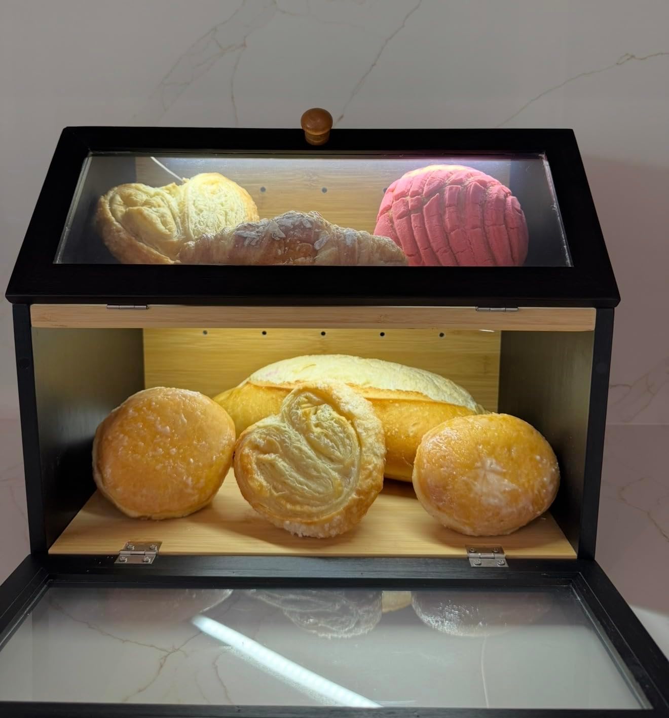 Double-Layer Bamboo Bread Box with LED Light – See-Through Window Keeps Bread Fresh on Your Countertop (Black)