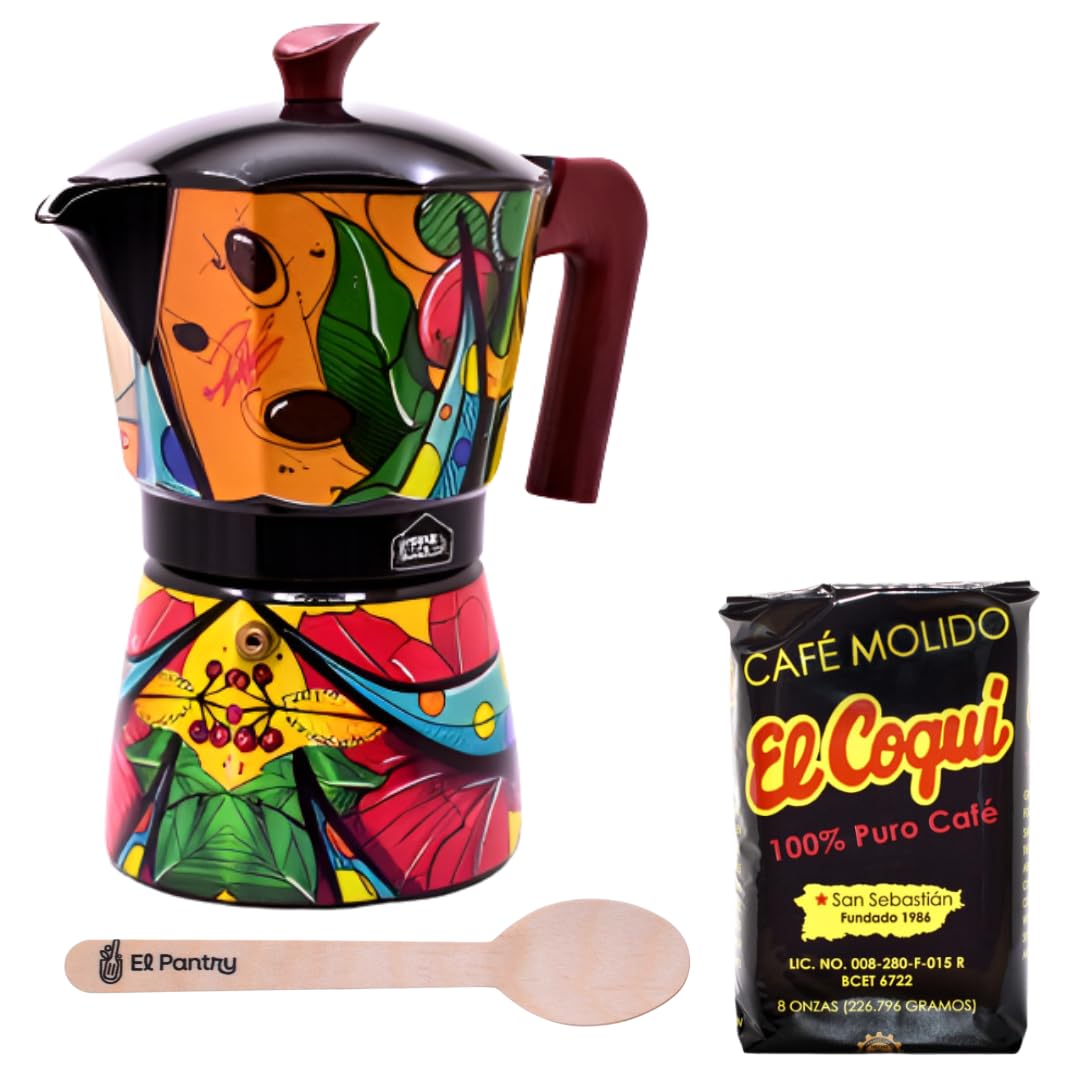 Puerto Rico Greca de Cafe Geschenkset Boricua Art by Joshua Montes Kaffeekanne Mokkakanne Café El Coqui Holzlöffel Cafetera 6 Espressotassen