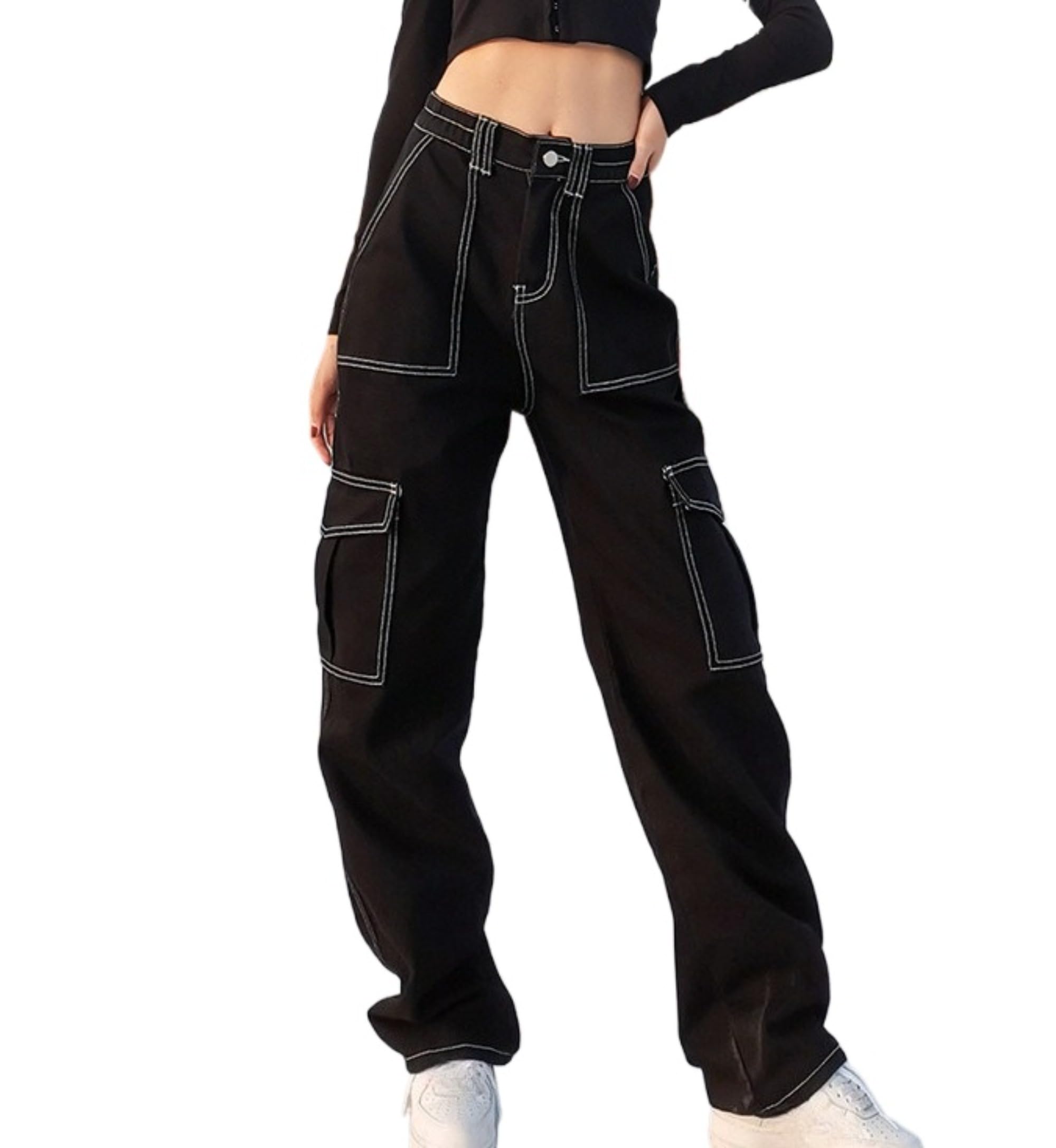 DGHM-JLMY Ladies Street Fashion Workwear Straight Trousers Harajuku High Waist Slim Loose Khaki Jeans Wide Leg Pants Retro