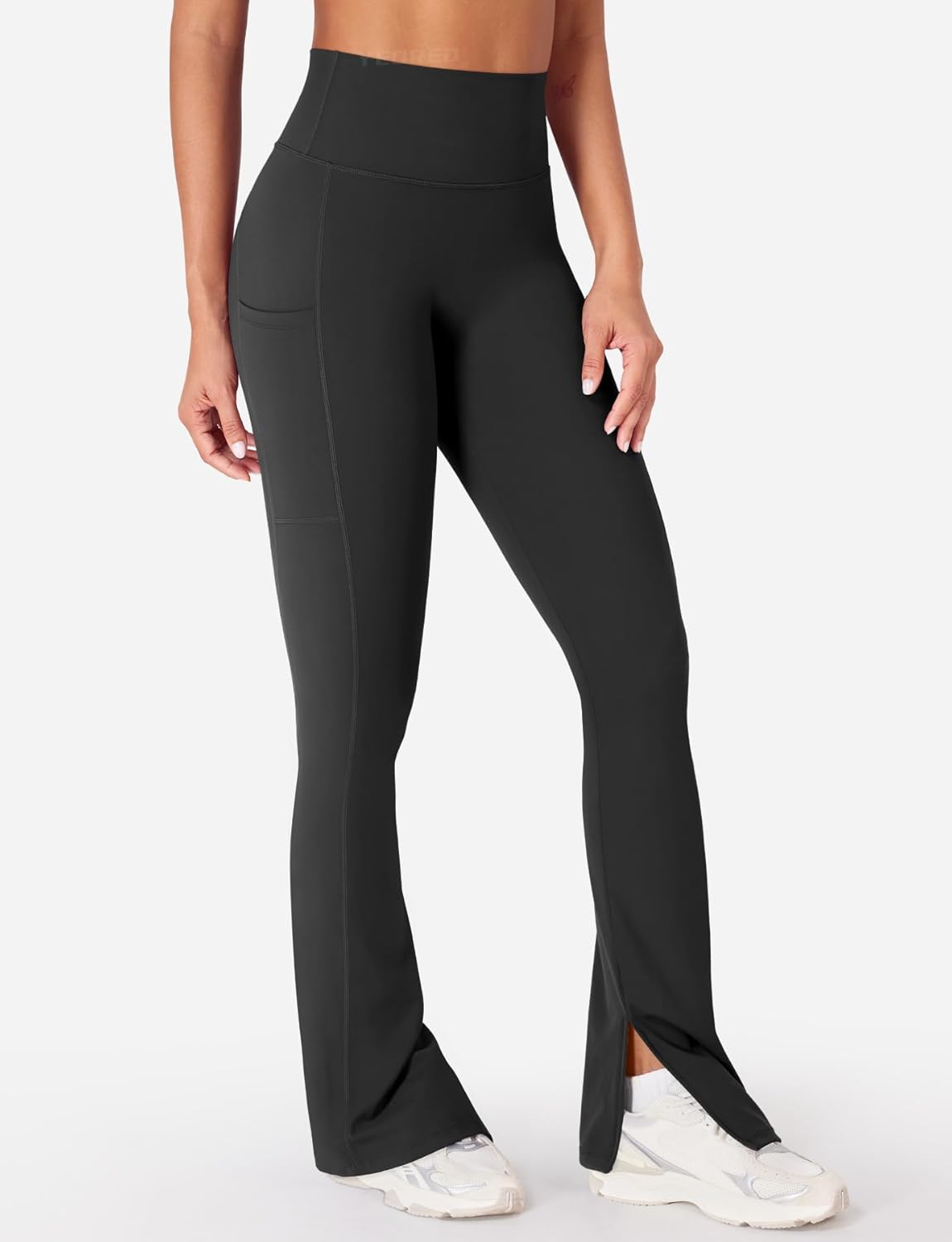 YEOREO Women Mini Flare Split Hem Leggings with Pockets Tummy Control Workout Leggings Anilnia Hidden Scrunch Gym Yoga Pants - Image 4