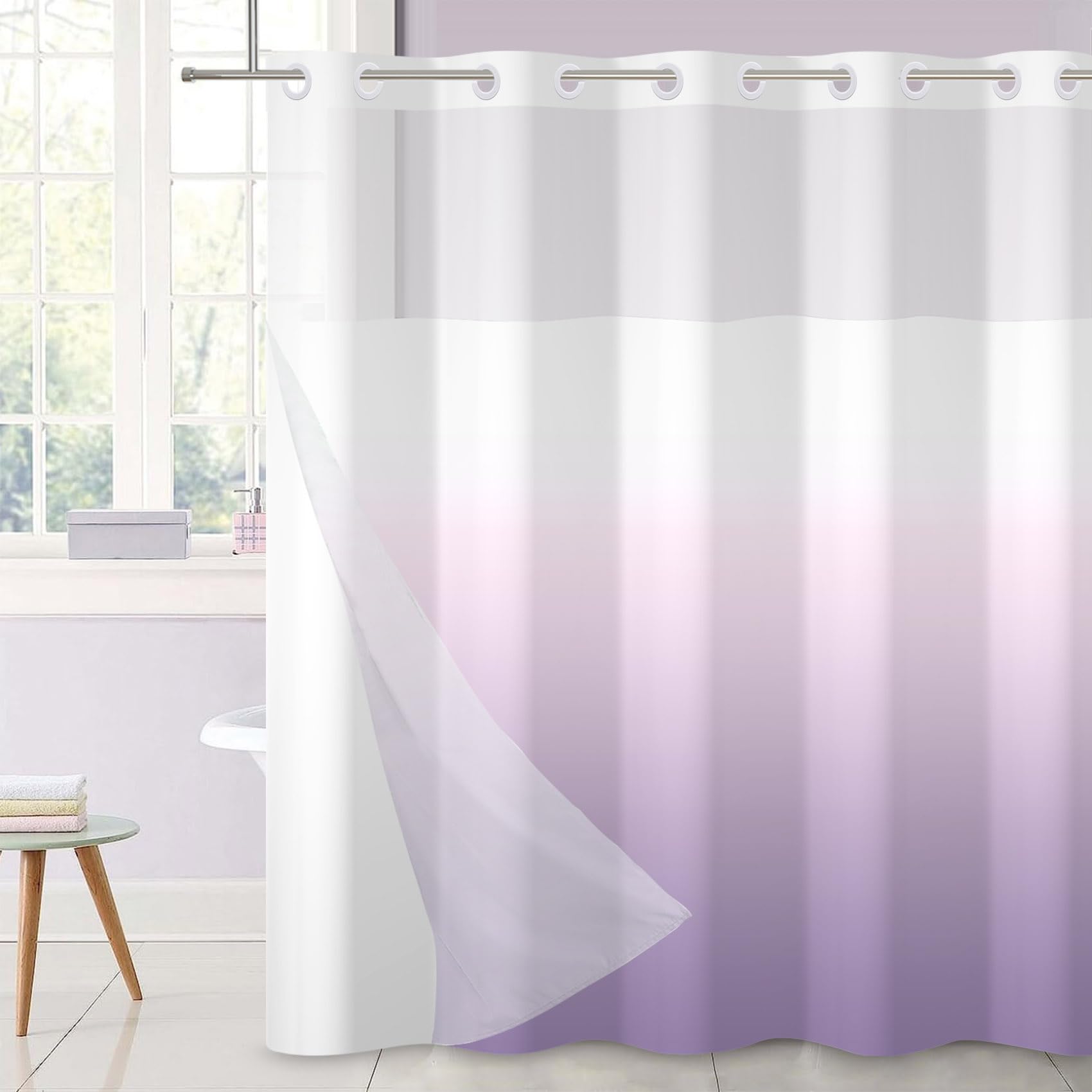 Ttincceer No Hook Shower Curtain Lilac Bathroom Curtain Ombre Paled to Purple Modern Double Layer Shower Curtain with Snap in Liner Waterproof Bathtub Curtain 183x183cm