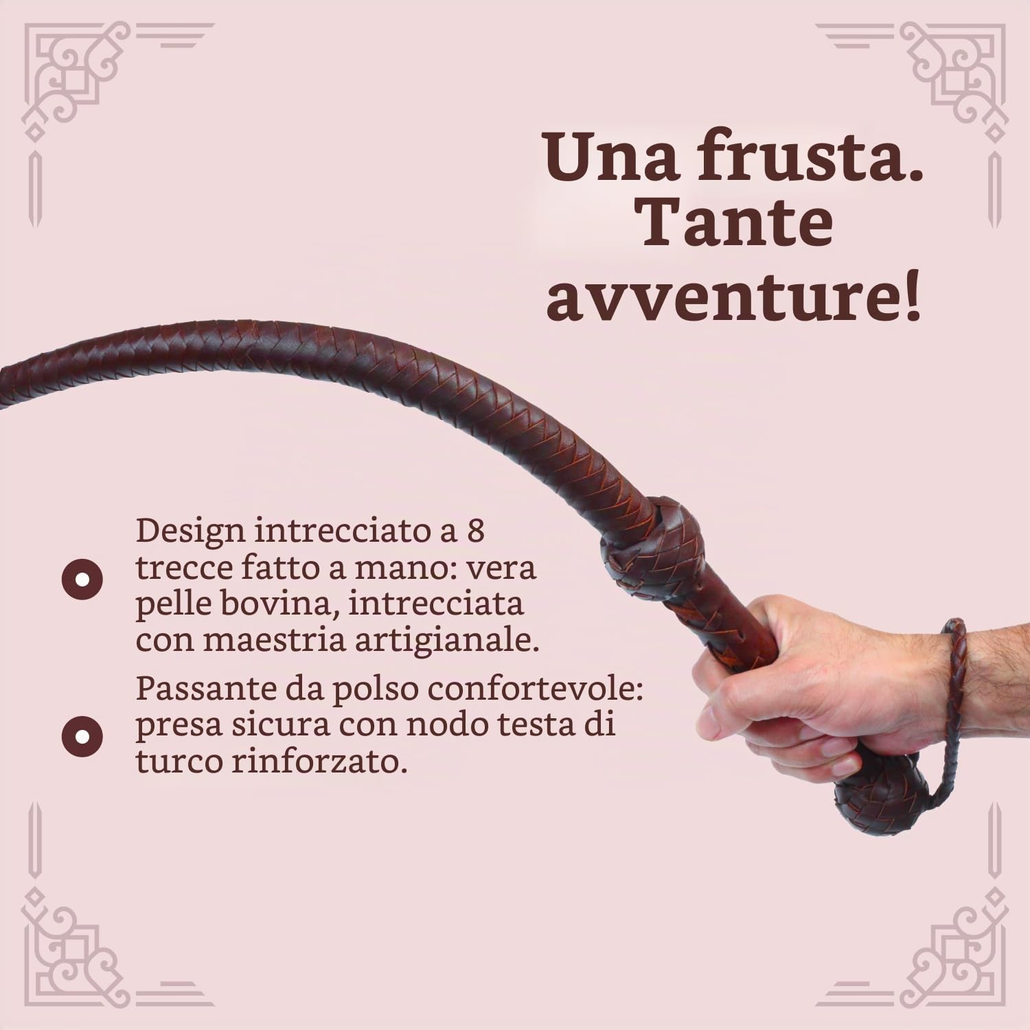 Indiana Jones Style - Frustino in Vera Pelle Bovina, 1,8 m, 8 trecce Marrone Scuro