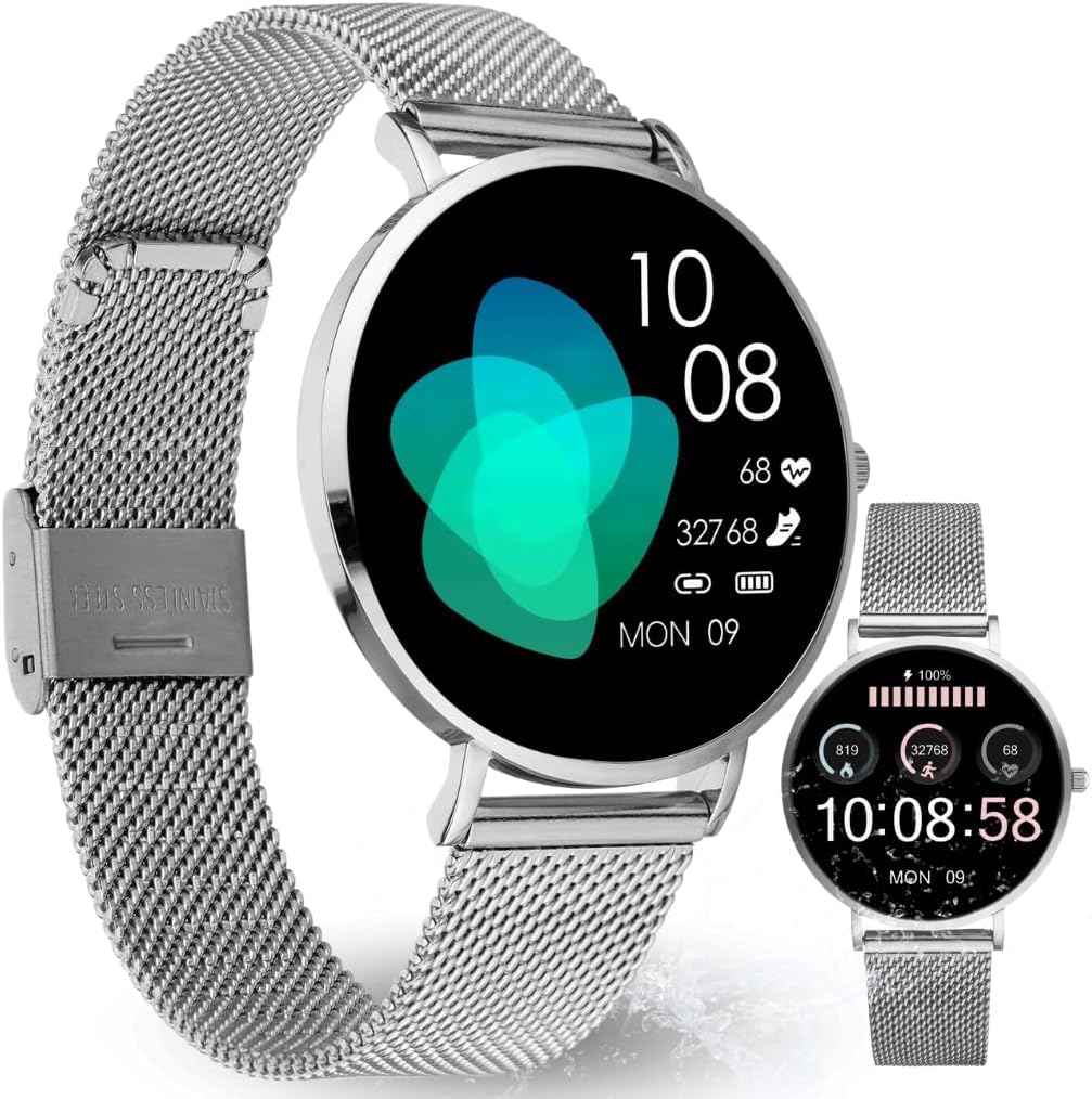 XCOAST SIONA 2 Nano Argento, piccolo smartwatch da donna - Display AMOLED da 37mm, iOS&Android, Filigrano, Fitness Tracker da donna, Impermeabile, Polso, Pressione sanguigna, Ossigeno nel sangue