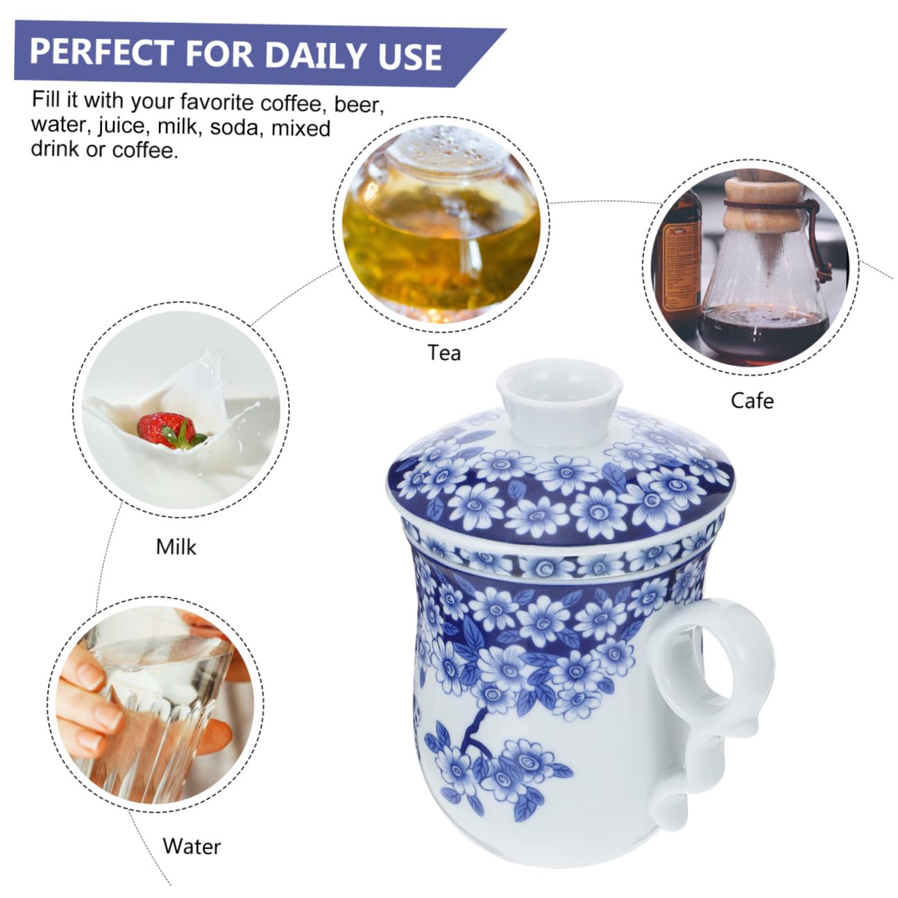 Tasse à Thé en Porcelaine Chinoise Bleue 1 Pièce en Céramique | Couvercle Filtrant Inclus, Surface Lisse, Poignée Anti-brûlure, Usage Bureau