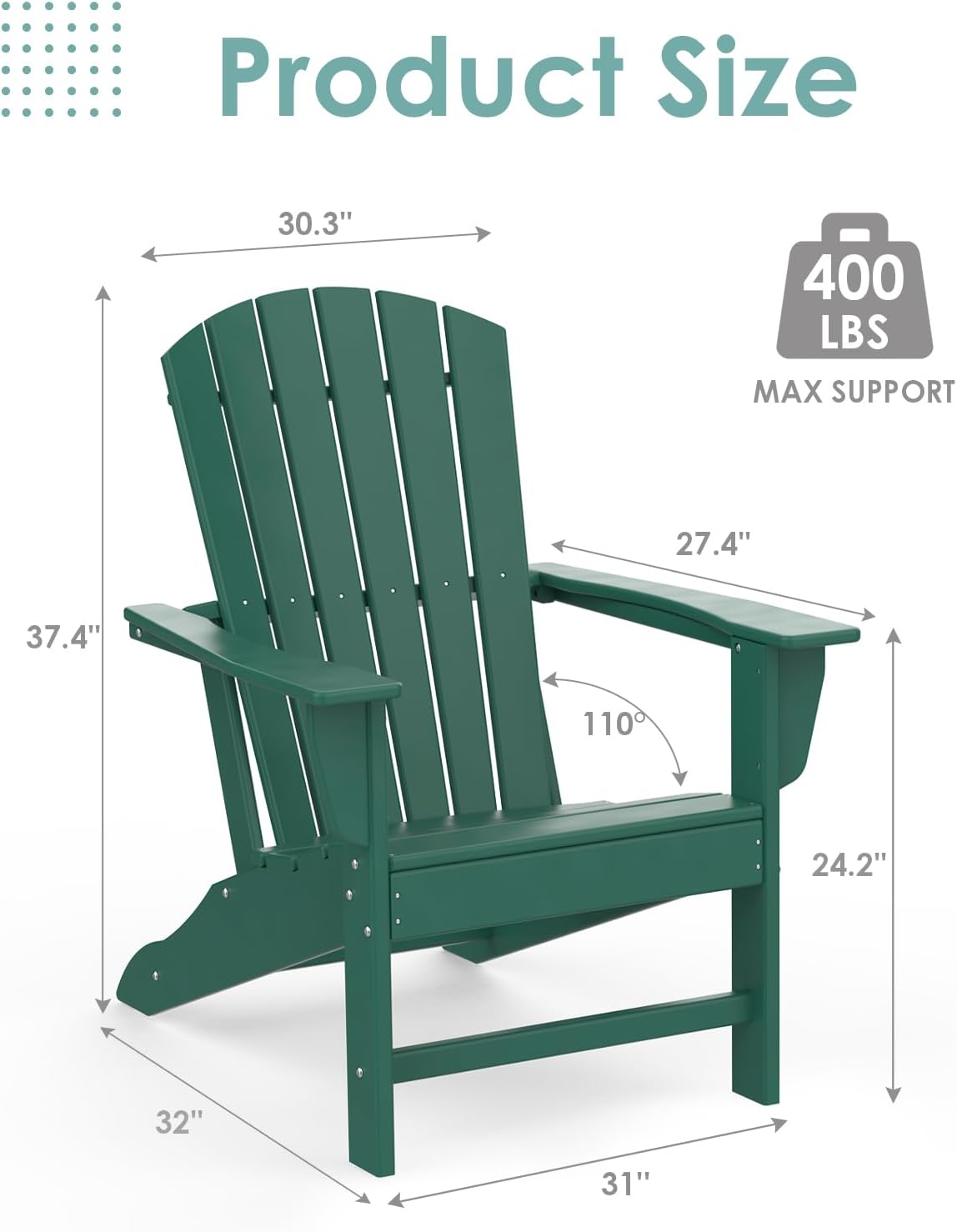 IVY&LANE Adirondack Chairs Set of 2 | HDPE Plastic | Outdoor Fire Pit Chairs | Oversized | All-Weather | Forest | for Outside Deck Backyard Patio Poolside Porch Lawn