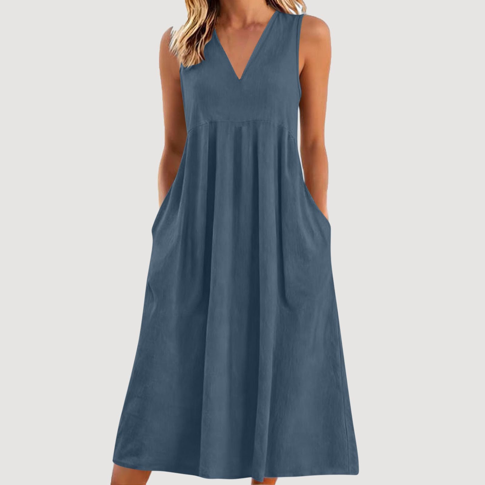 Vestidos Verano Mujer 2026,Cuello V Algodón y Lino Vestido Mujer Verano Casual Sueltos Color Sólido Vestidos Largo Cintura Alta con Bolsillos Cómodo y Transpirable Maxi Vestidos Playeros