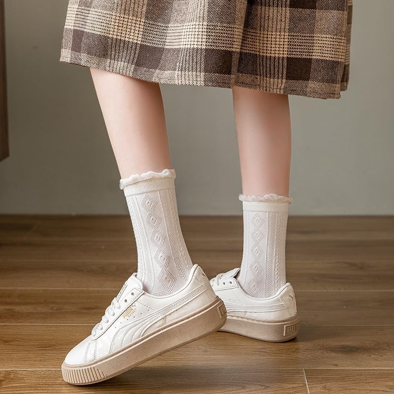 Image of 5 Pairs Coquette Ruffle Socks Cute Frilly Clothes Lolita Aesthetic Crew Socks Fairycore Floral Socks Cottagecore