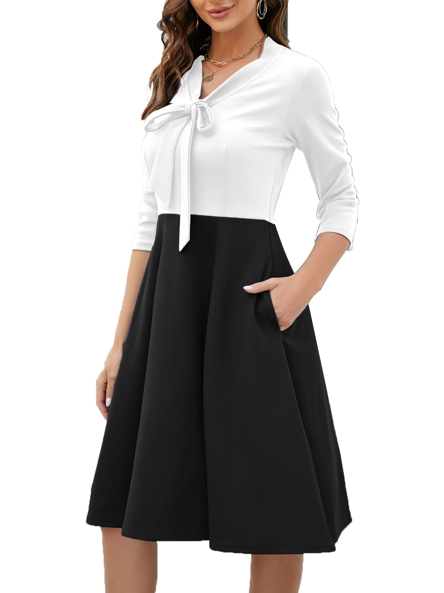 oxiuly Women's Vintage Bow Tie V-Neck Pockets Casual Work Party Cocktail Swing A-line Dresses OX278