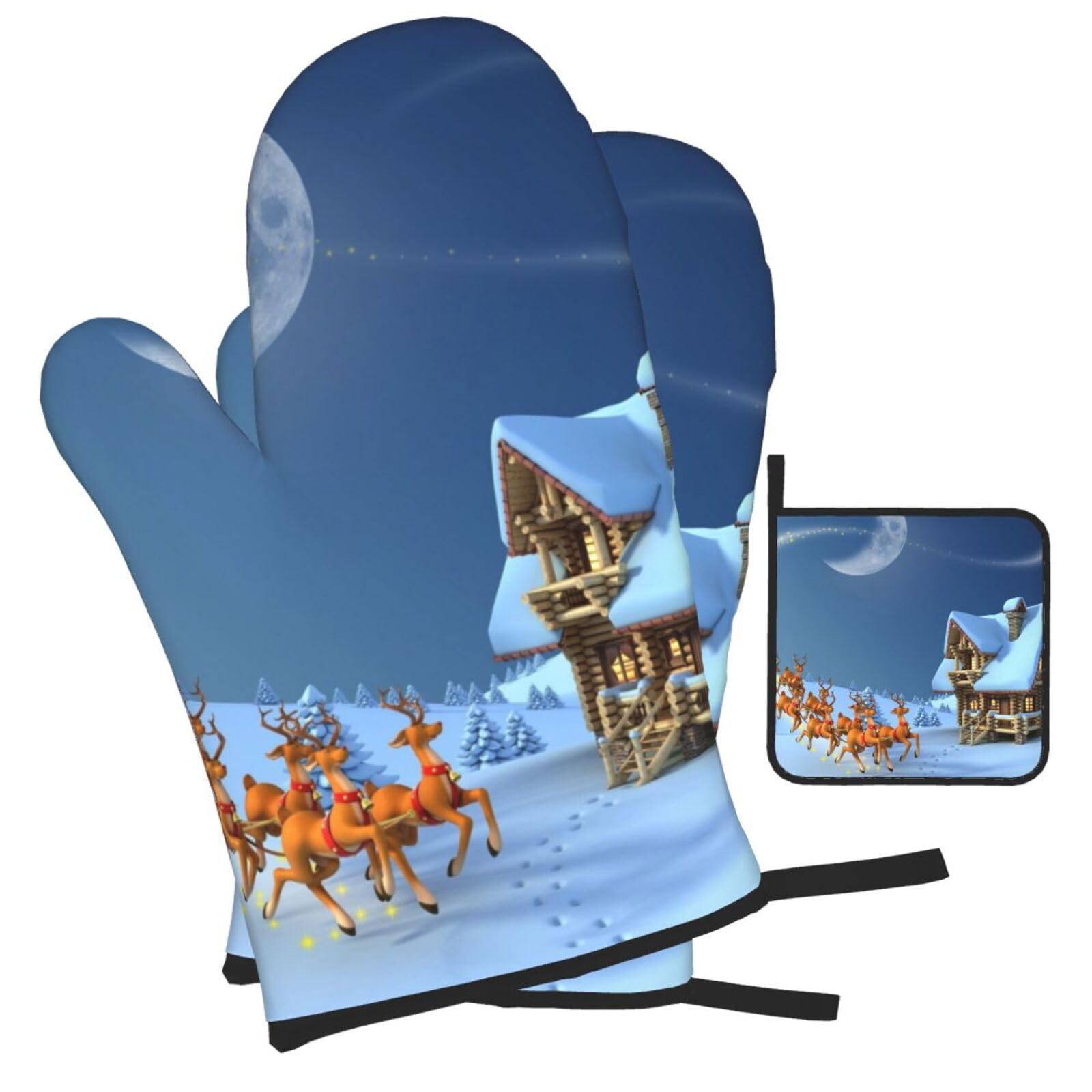 Santa Claus with deer Printed Oven Mitts and Pot Holders Heat Resistant Set of 3 Pcs, Modern Kitchen Gloves & Potholders for Cooking Baking Grilling
