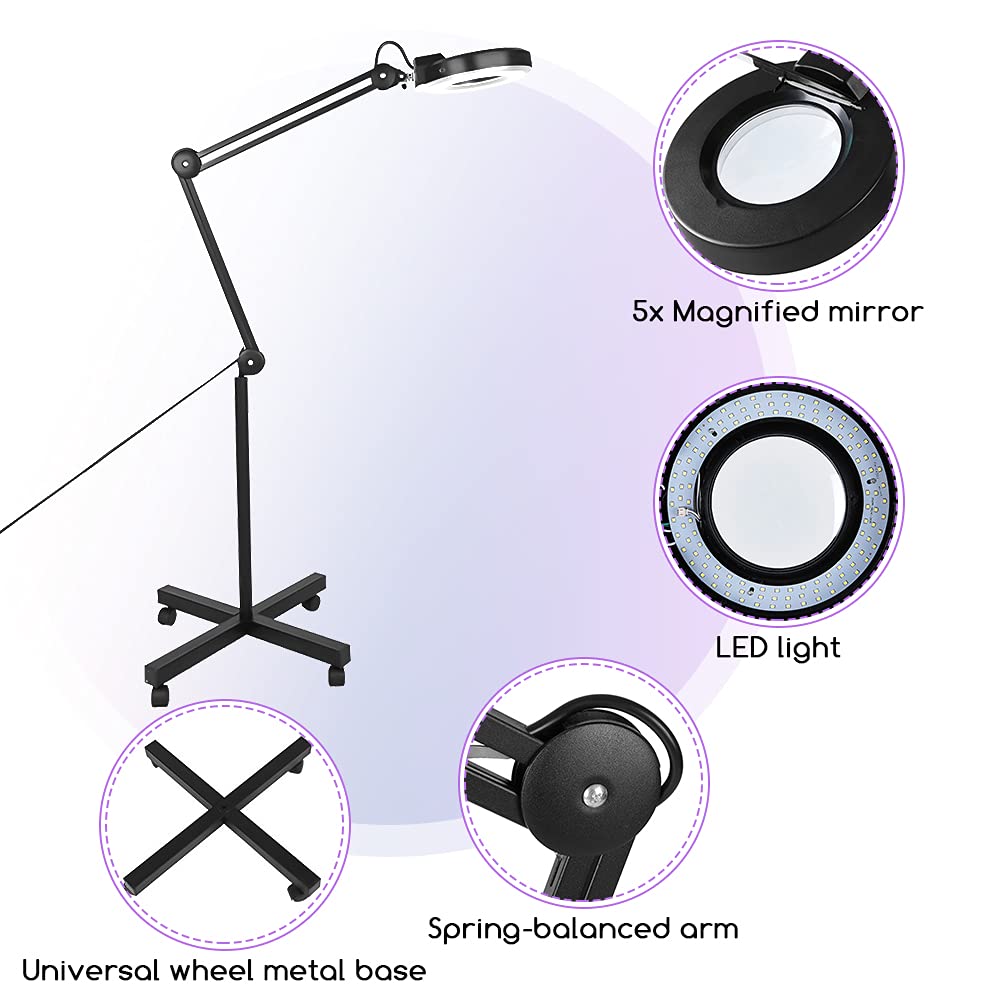 Lente 5 DIOTTRIE d'Ingrandimento, 5X Lente d' ingrandimento con LED e Rotelle, Luce per Estetista, Laboratorio e Lavori di Precisione, 220-240V, Nero