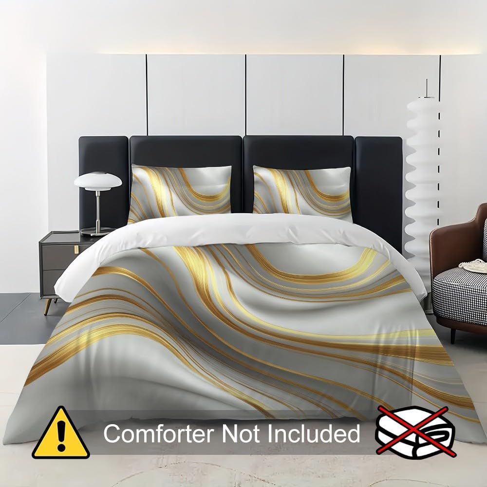 Copripiumino 155x200 cm Oro 3 pezzi, microfibra ipoallergenica | Chiusura a cerniera con 2 federe 50x80 cm Astratto Lussuose Onde di Marmo morbido e adatto a bambini e adulti