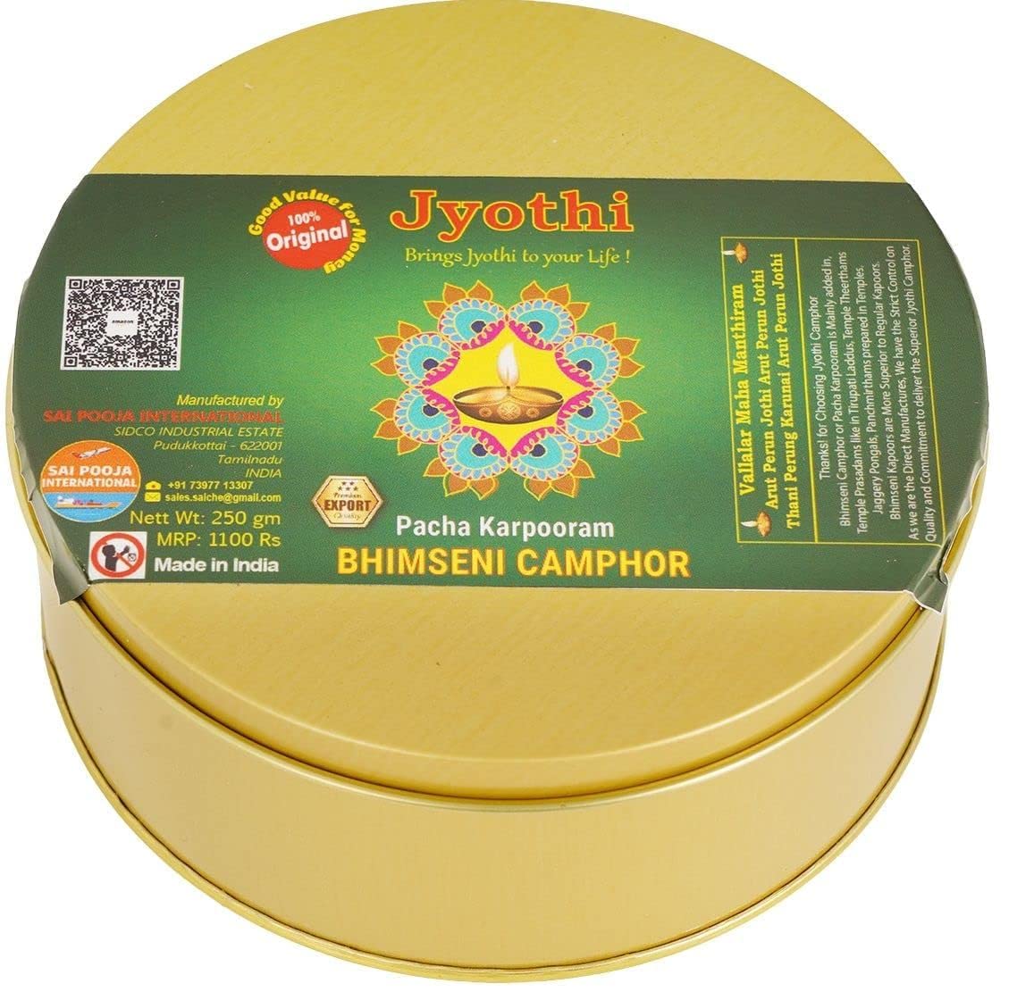 Jyothi Pacha Karpooram for Pooja ORIGINAL/Bhimseni camphor (250gm X Pack 1) Special Tin Box | Natural Superb Smell for Diffuser,Cone | Home Pooja Arthi | Kapoor | Karpooram | Soodam