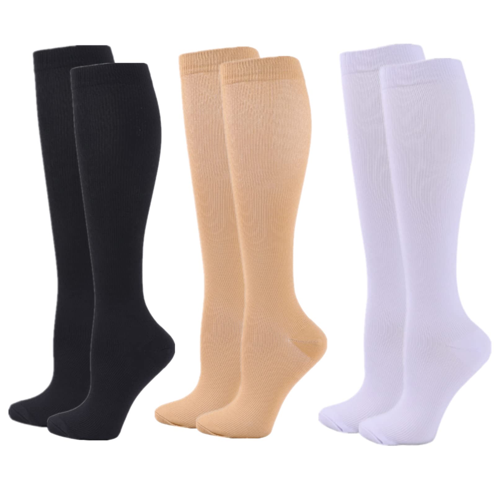 Zingso Compression Socks for Women Men, 3 Pairs 20-25mmHg Flight Socks Compression Stockings for Sport, Athletic, Edema, Diabetic, Varicose Veins, Travel, Pregnancy, Nursing (XXL, Black Skin White)