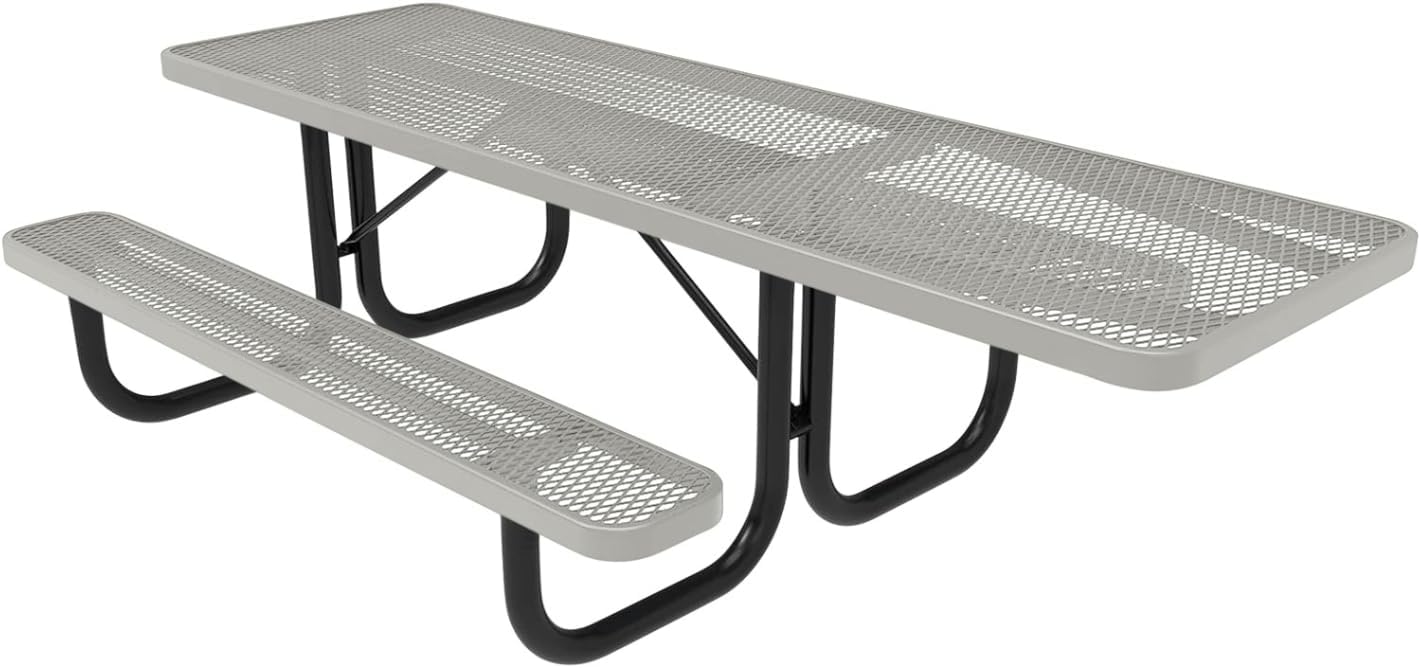 COATEDOUTDOORFURNITURE Heavy-Duty Portable ADA-Compliant Outdoor Picnic Table, Expanded Metal Patio Dining Furniture Made in America (8ft Rectangular, One-Side Handicap, Grey)