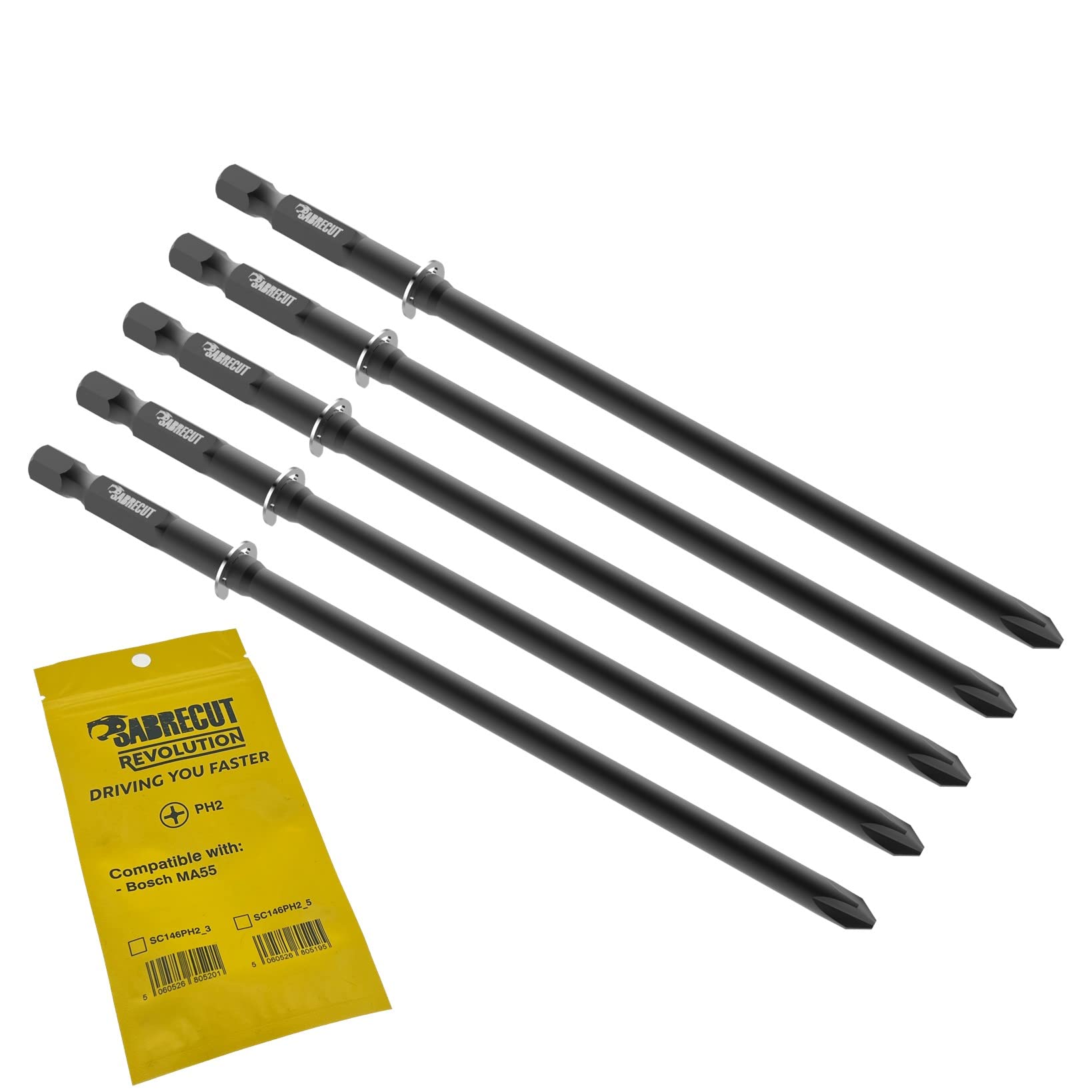 Sabrecut Blackone 5 X Sc146ph2_5 146Mm Ph2 Compatible With Bosch Ma55 Ma 55 2608522068 Autofeed Collated Drywall Screwdriver Gun Bit Single Ended Phillips No.2 Heavy Duty