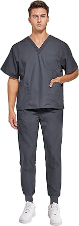 VOGRYE Men Scrubs Set — Stretch V-Neck Scrub Top & Jogger Pant with 8 Pockets, Yoga Waistband, Anti-Wrinkle Scrubs for Men