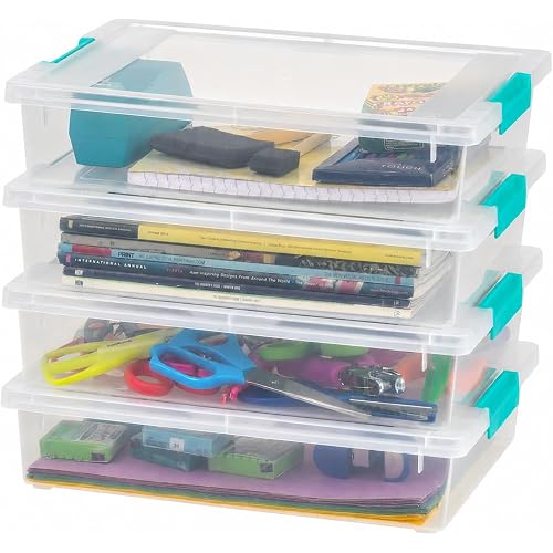 IRIS USA 6 Qt. Craft Storage Bins with Lids, 4-Pack, |Made in USA|, Clip Box, Small Plastic Sensory Bin Tote Organizer Containers for Art Supplies, Paper, & Office, Stackable - Clear/Seafoam Blue