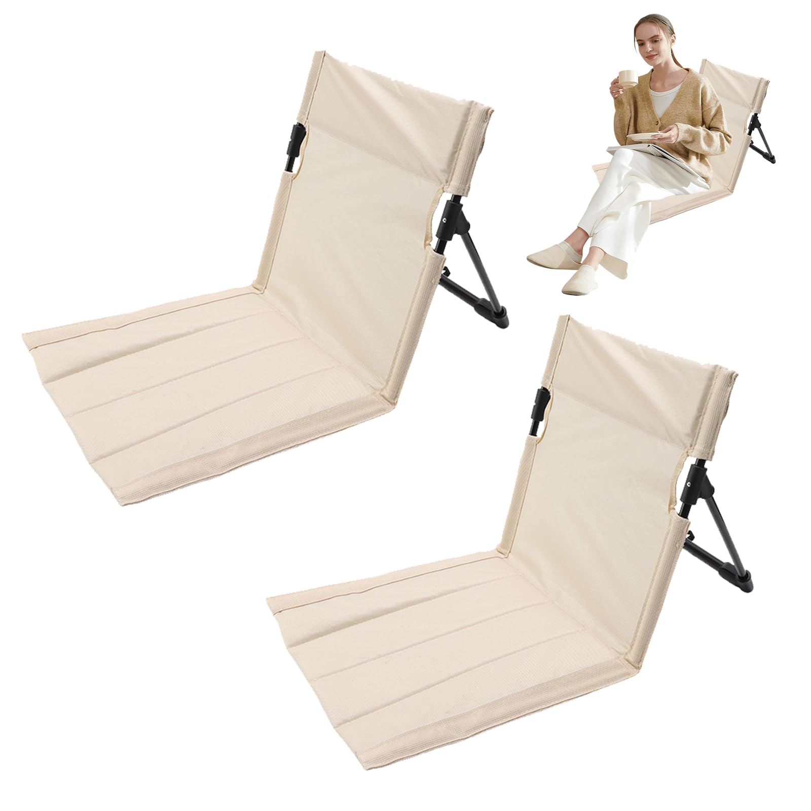 Transat De Plage Pliable: 2 Pièces Tapis De Plage avec Dossier, Portable Confortable 39.5x38x41cm Beige Aluminium Et Tissu pour Camping Randonnée Pique-Nique Plage Vacances