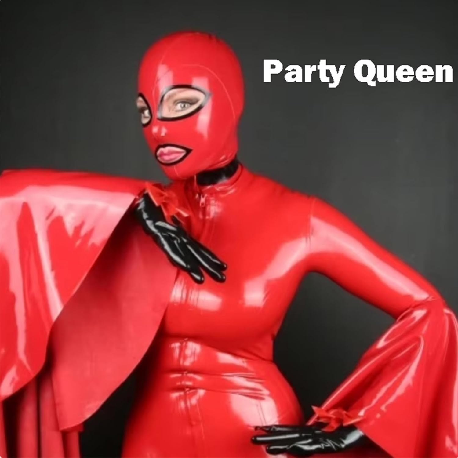 Red Latex Hooded for Unisex,Handmade Rubber Mask with Open Mouth for Cospley Clubwear-S