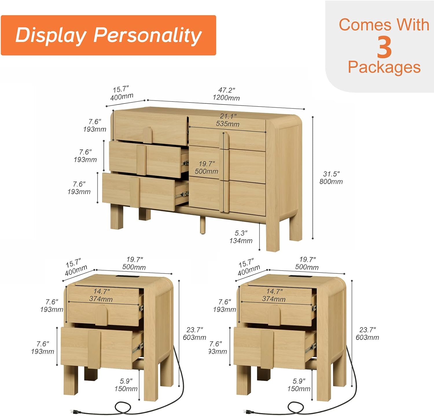 WAMPAT 3 Piece Dresser and Nightstand Sets for Bedroom, 47.2" W Mid Century Modern 6 Drawer Dresser & Nightstand Set of 2 with Charging Station, Curved Profile Design, Natural Texture, Oak