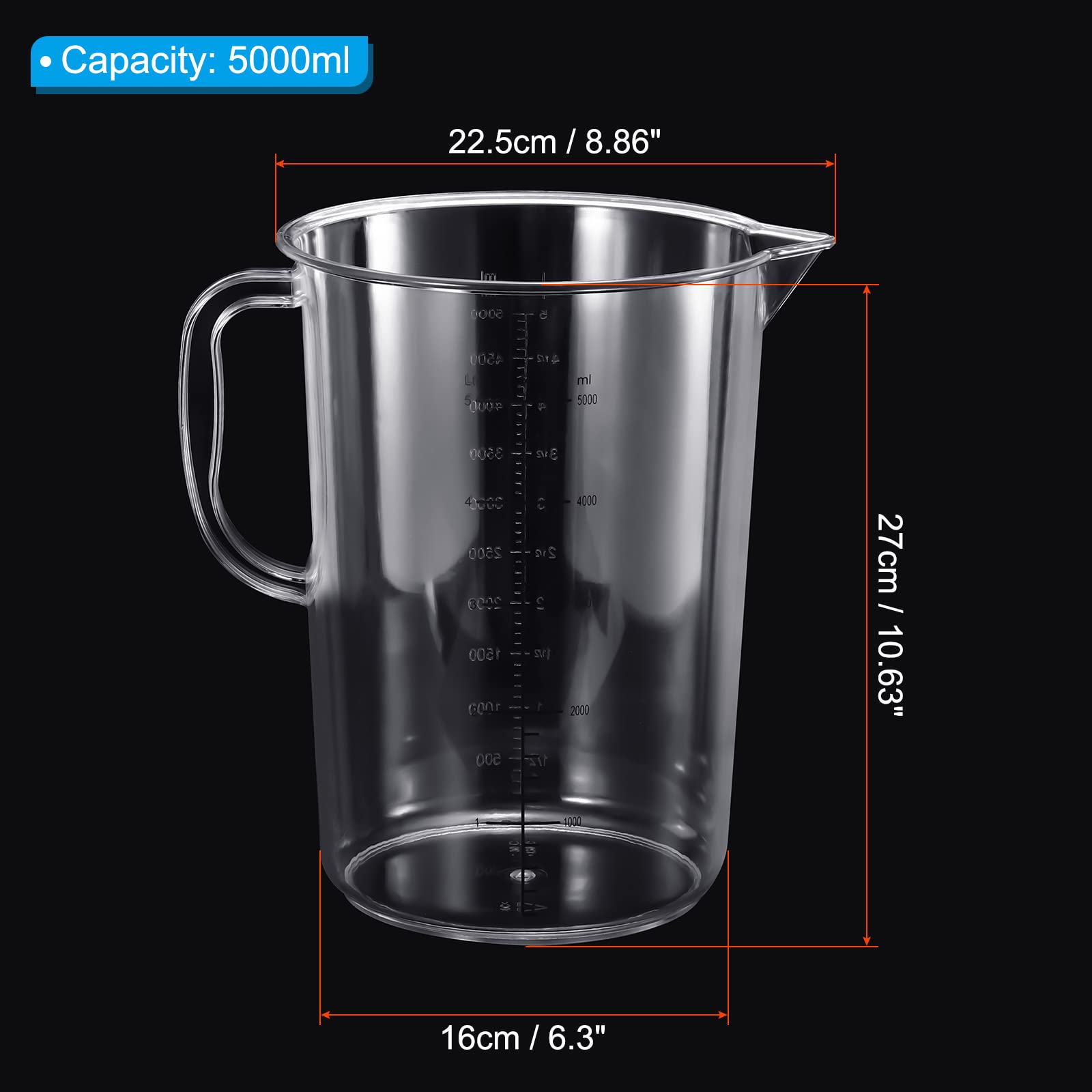 PATIKIL Graduado Vaso, 5000ml PC Plástico Líquido Medidora Taza Doble Lado Graduaciones con Mango Caño para Laboratorio Cocina Hogar