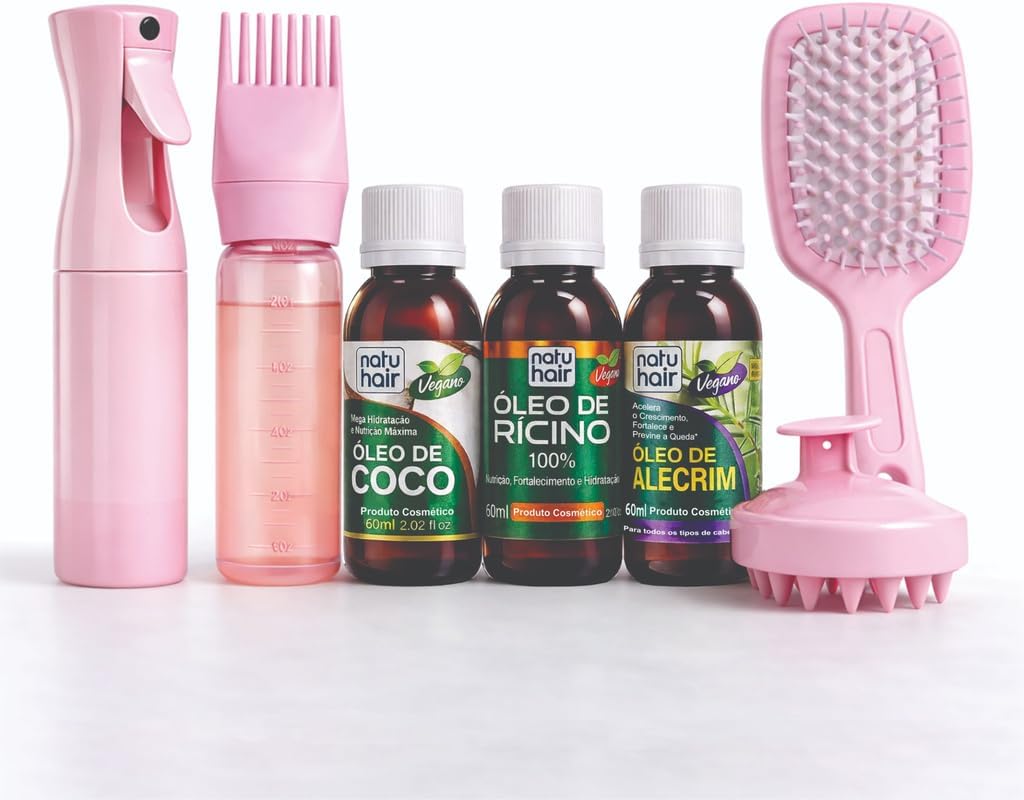 NatuHair Kit 7 em 1 Terapia Capilar Óleos Coco + Rícino + Alecrim 60ml + Acessórios Completo Crescimento e Hidratação