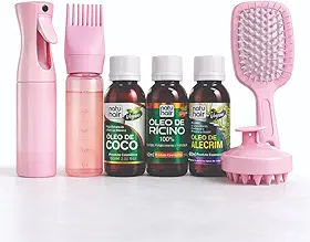NatuHair Kit 7 em 1 Terapia Capilar Óleos Coco + Rícino + Alecrim 60ml + Acessórios Completo Crescimento e Hidratação