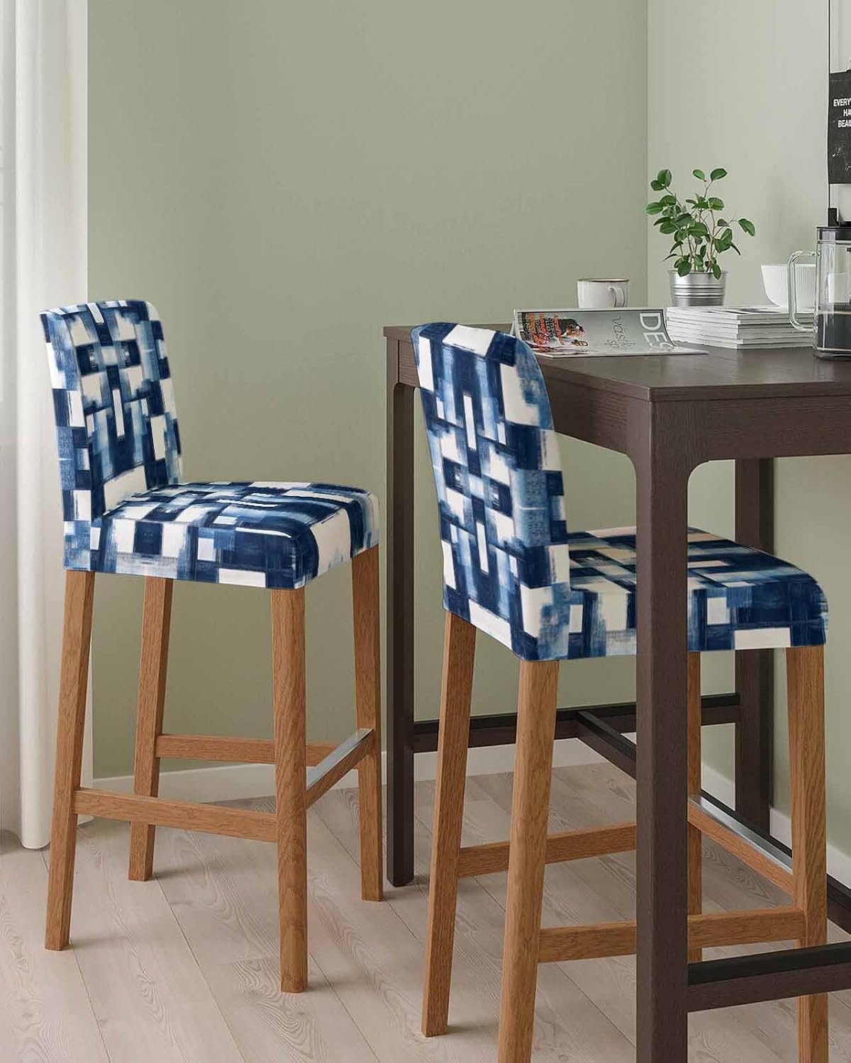 QueenKer Abstract Geometric Patterns Bar Stool Covers with Backs Blue & White Stretch Washable Bar Stool Chair Cover Slipcovers Removable Counter Stool High Chair Covers for Pub Dining Room Set of 2