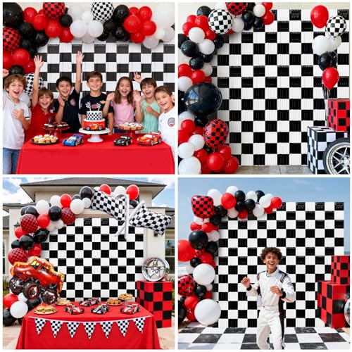 Image of 2 Packs Race Car Foil Fringe Curtain, Black White Checkered Glitter Metallic Tinsel Backdrop for Birthday, Baby Shower, Racing Car Truck One Happy Dude Party Decorations Supplies