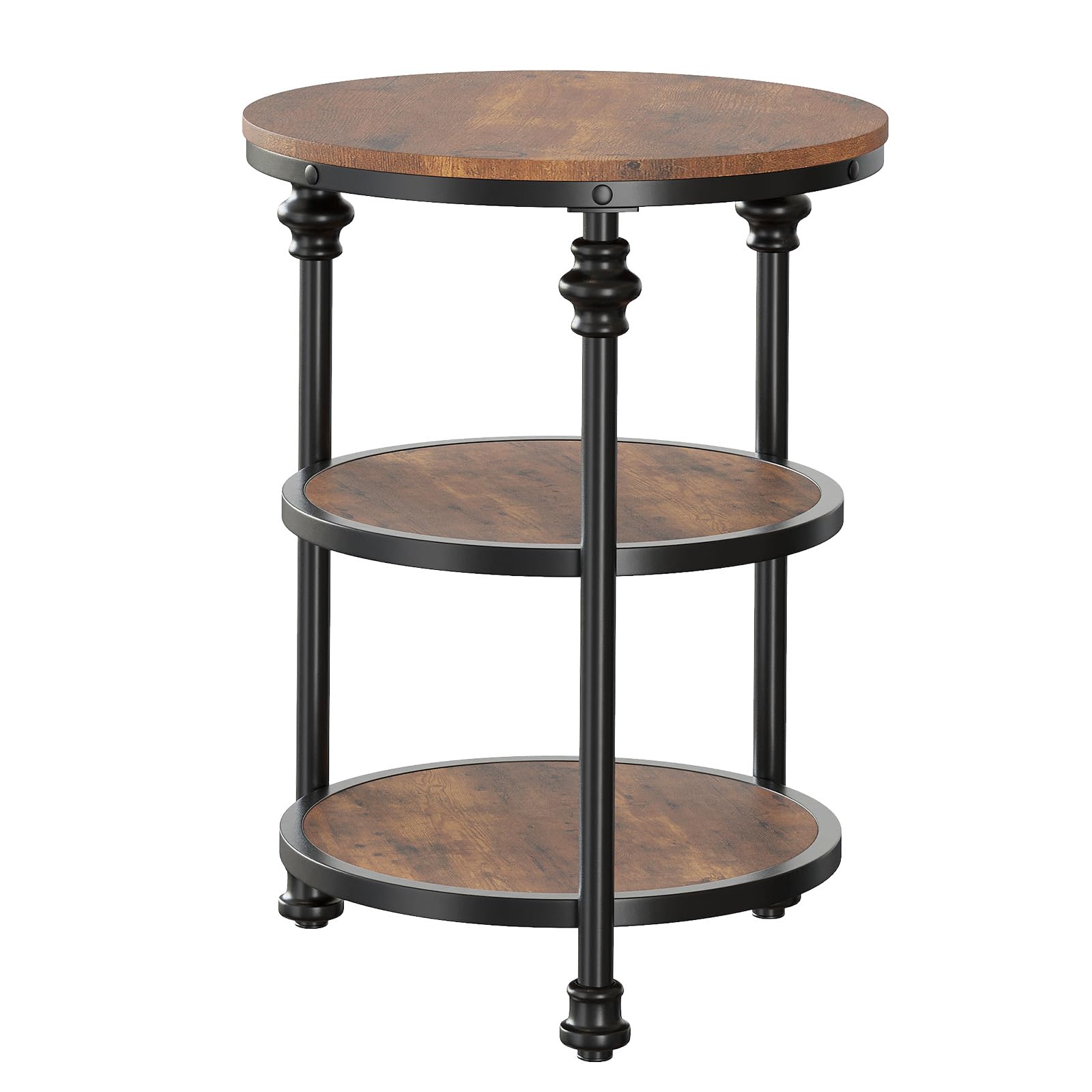 Mesa Auxiliar Redonda 3 Niveles Industrial Estructura Metal | Acero y MDF rústico para rincones pequeños; 3 niveles estables con pies ajustables niveladores de suelo