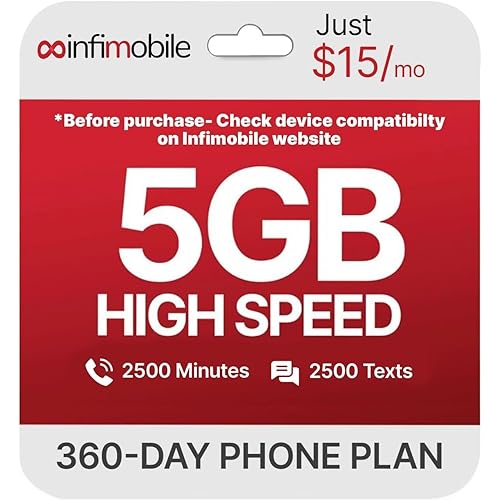 $15/Month | Infimobile Prepaid Plan: 12 Months| 5GB High-Speed Data Per Month | 2500 Minutes and 2500 Text| Prepaid Plan Service SIM Card | Nationwide Coverage | 4G, 5G V-Network
