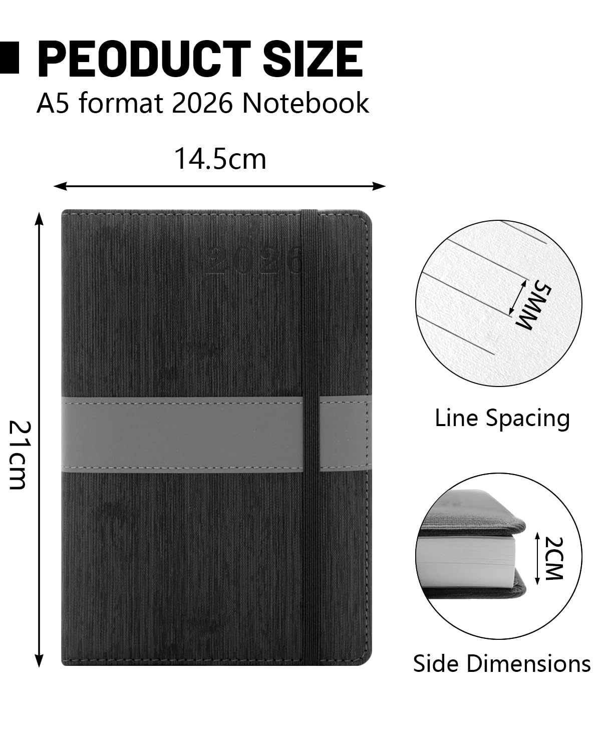 Agenda 2026 (DE/IT/ES/EN/FR) Impermeabile - Copertina in PU+CARTA con Elastico | Pagina al Giorno | Formato A5, Festività UE, Gennaio-Dicembre 2026