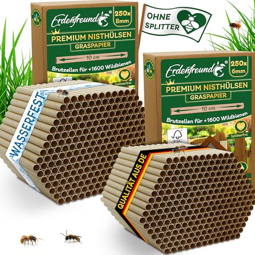 ERDENFREUND® 6 & 8mm Premium Graspapier Niströhren für Wildbienen ohne Splitter 2x250 Nisthülsen Insektenhotel Füllmaterial 100% wetterfest ganzjährig (2x250 Premium Wildbienen Nisthülsen 6 & 8mm)