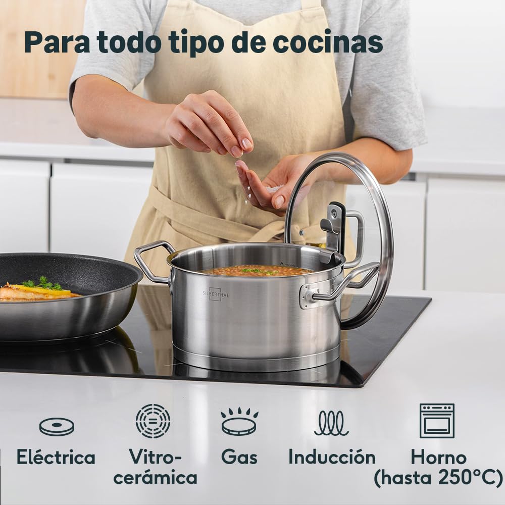 SILBERTHAL Olla 20 cm con tapa de cristal - Cazuela acero inoxidable 18/10 - Inducción y horno - Calienta rápido