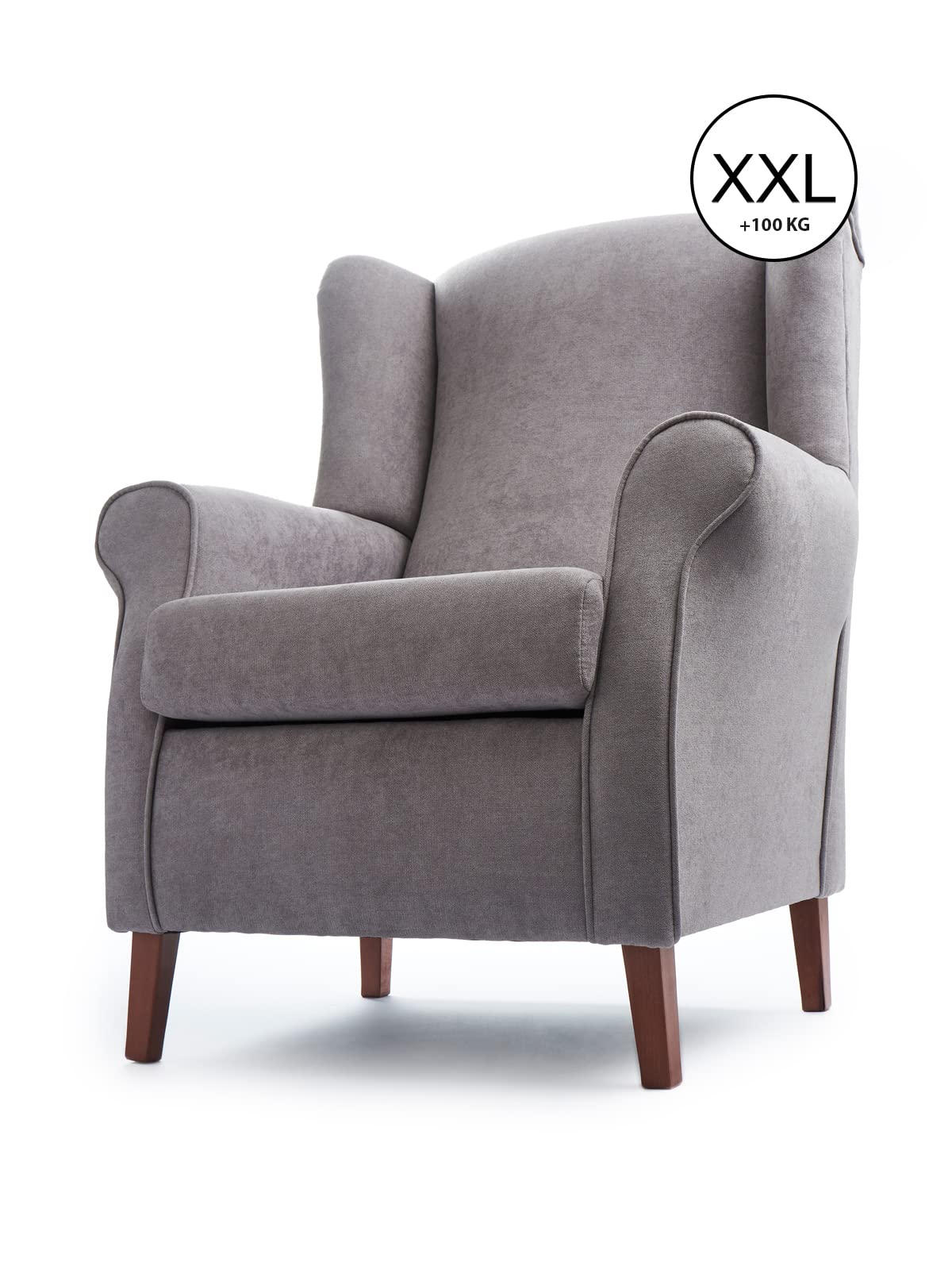 Sillón Orejero XXL, diseñado para Personas corpulentas, con sobrepeso. Estructura y Bastidor Reforzado.. Butaca Grande con Tela Antimanchas. Medidas: 90x84x118 cm. (Gris, Nogal)